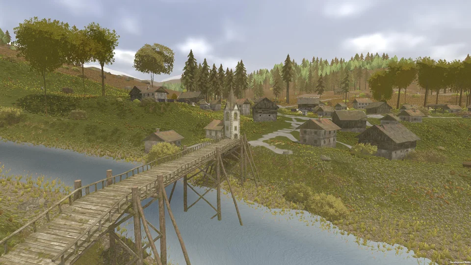 Yugopunk open world gameplay showing a post-catastrophe Yugoslav village with a wooden bridge, river, and church surrounded by forests
