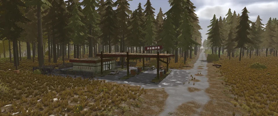 Abandoned Yugoslav-era Pumpa gas station on a forest road in Yugopunk, one of the explorable dungeon locations in the game