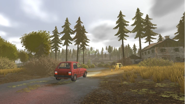 Yugoslav Yugo cars on an abandoned road surrounded by pine forests in Yugopunk's open world