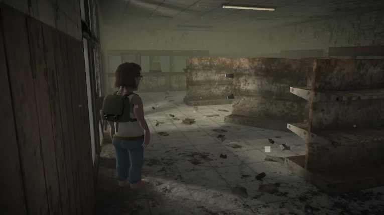Player character exploring an abandoned building interior in Yugopunk, scavenging empty shelves in a dark dungeon