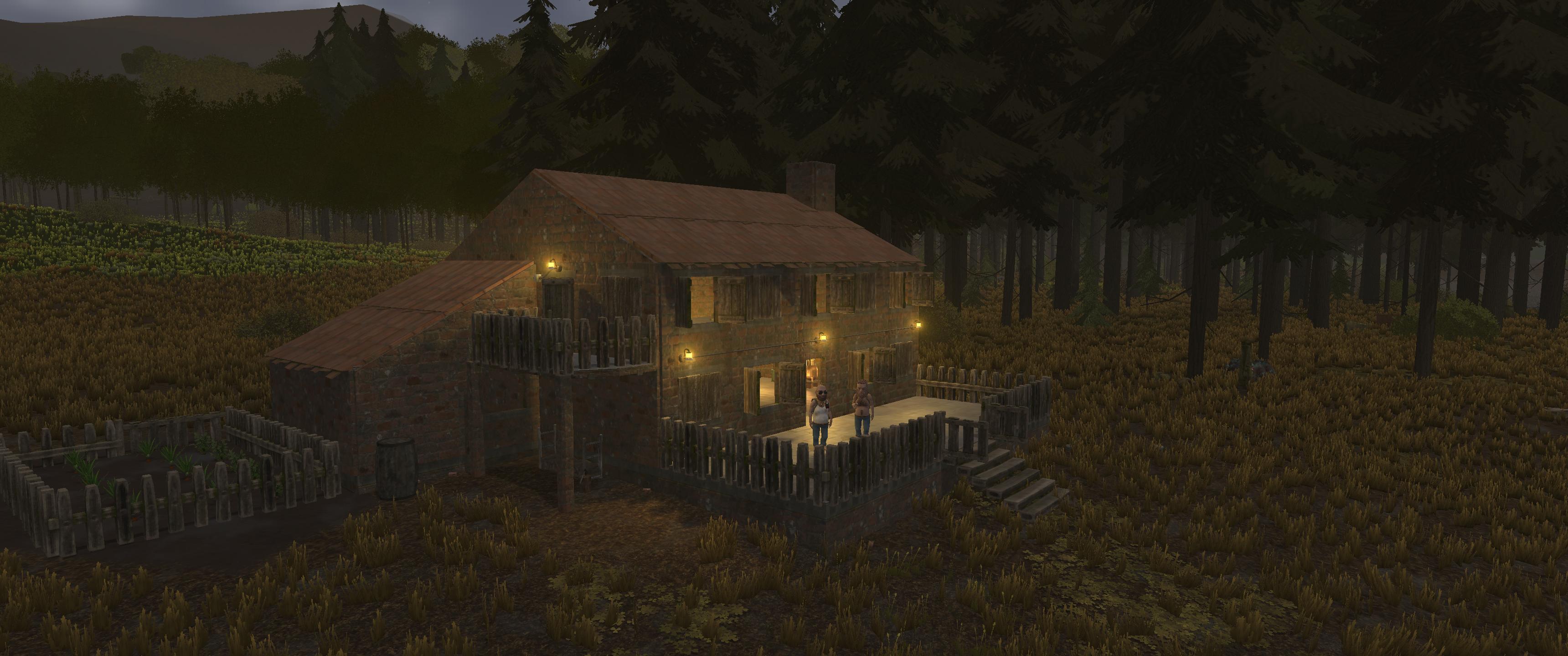 Late-stage player base built from stone in Yugopunk, showing the multi-floor base building system with pine forest in the background