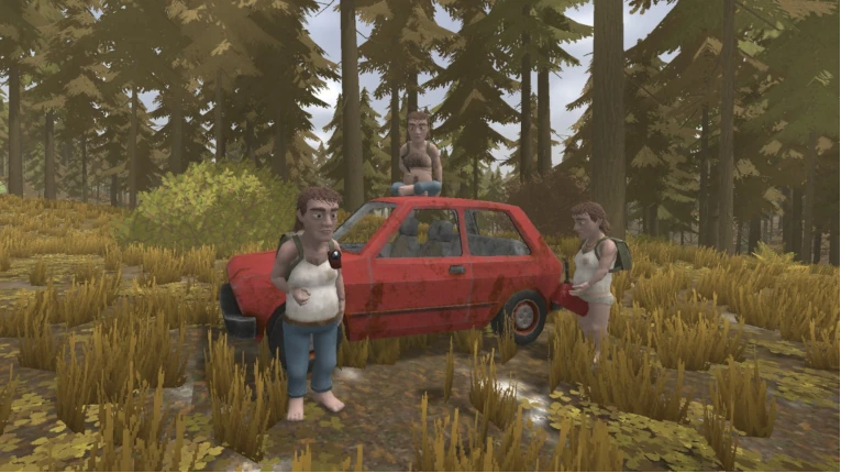Three co-op players standing next to a red Yugo car in a forest in Yugopunk, showcasing multiplayer survival gameplay